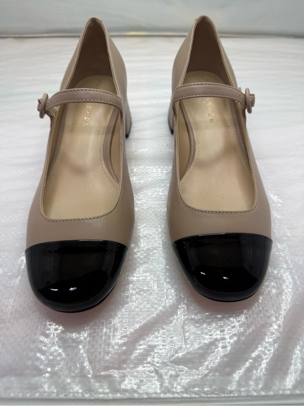 Marc Fisher Two-Tone Beige Mary Jane Flats with Black Patent Cap Toe